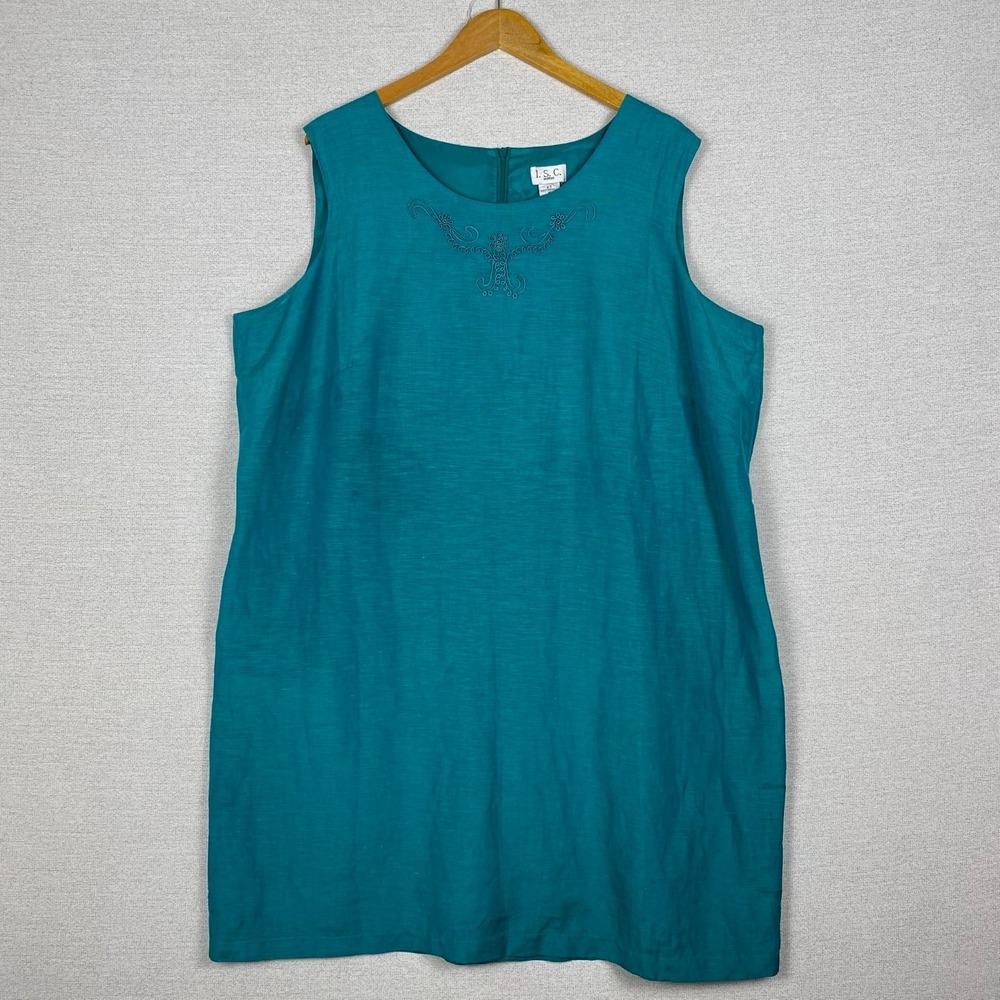 Vtg‎ ISC Dres Womens 2X Silk Sheath Sleeveless Teal Work Chic Wedding Guest